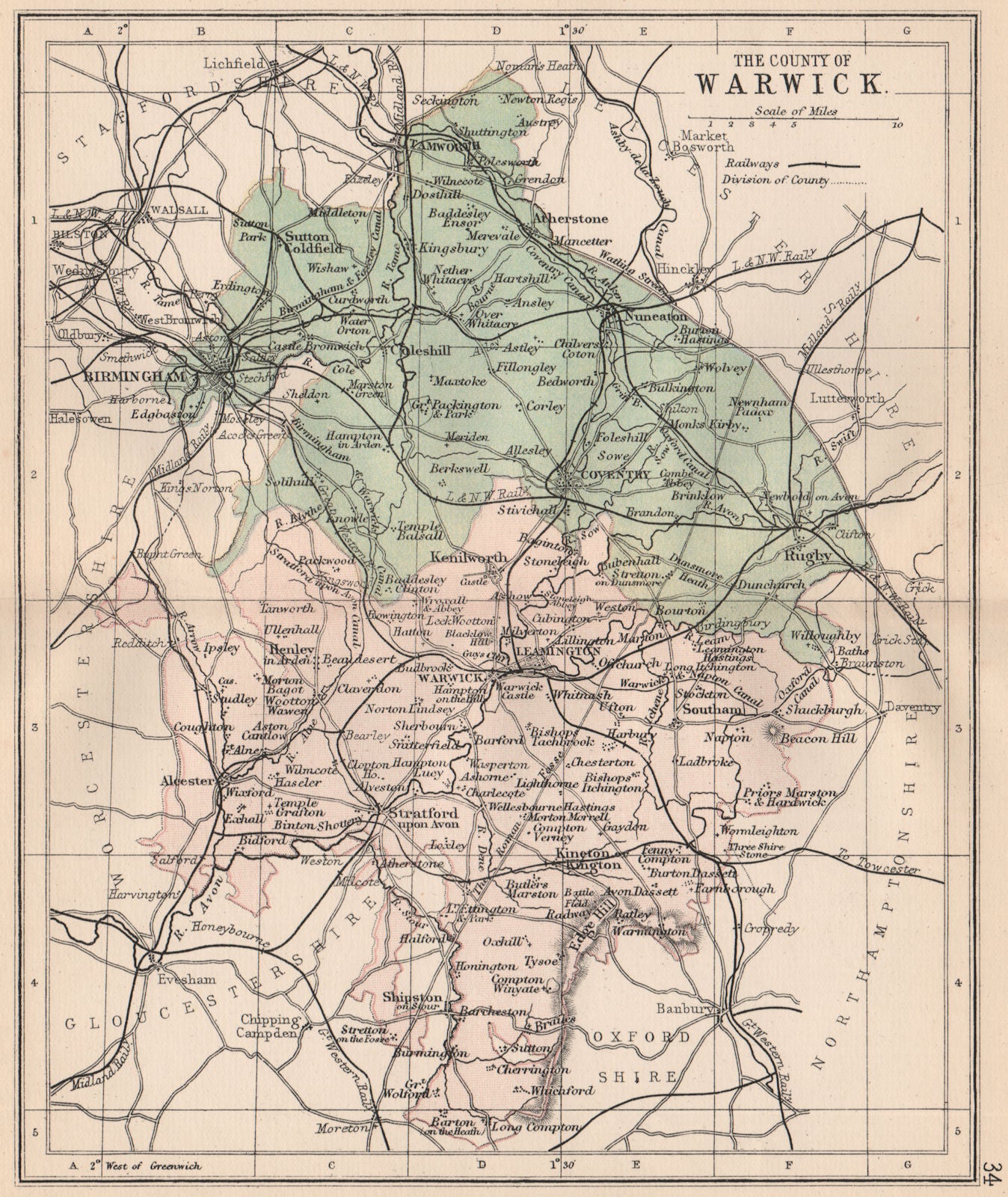 WARWICKSHIRE. Antique county map. Railways. Constituencies. PHILIP 1882